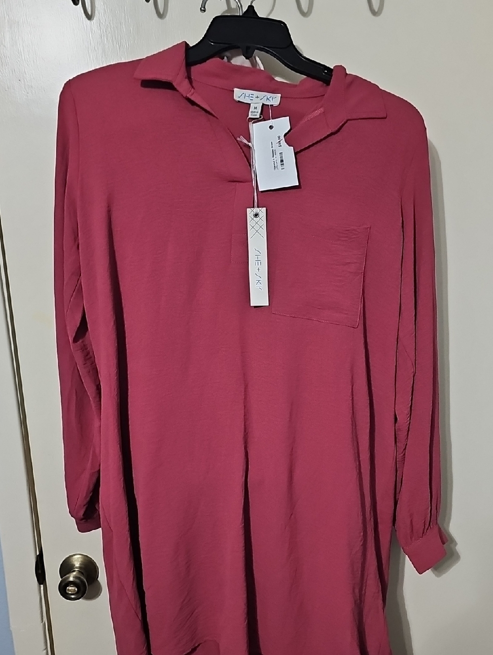 She + Sky Long Sleeve Collared Tunic Dress in Brick Color